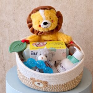 Baby gift box with pink teddy and pastel flowers