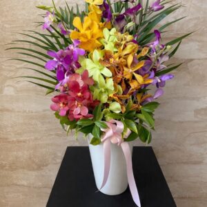 Colourful orchid arrangement in a white vase with pink ribbon
